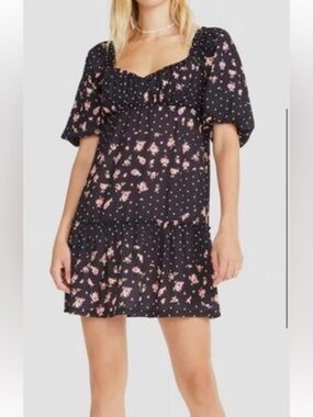 Betsey Johnson Rosy Dots floral polka dot puff sleeve mini dress